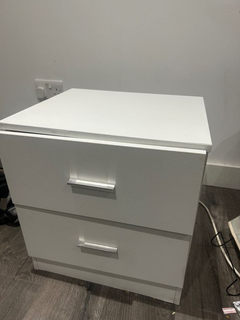 White Bedside Table with Two Drawers – Good Condition