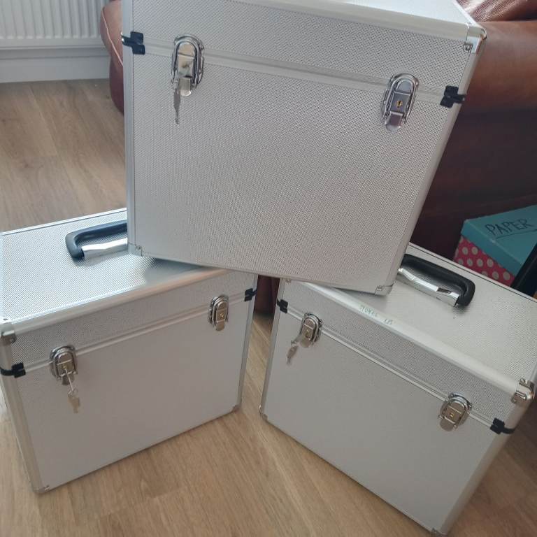3 silver metal LP vinyl record storage boxes