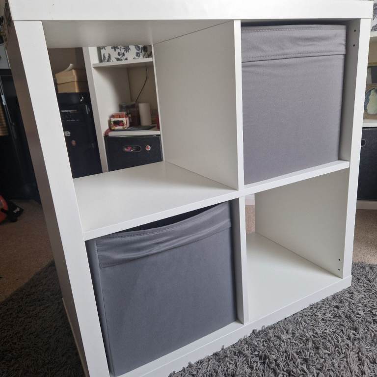 White 4-Cube Storage Unit with Grey Fabric Boxes – Good Condition