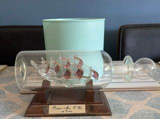 Ship in a bottle glass and wood ornament