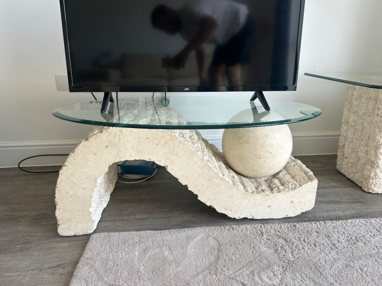 Stone Console Table and Side Tables with Glass Tops – Good Condition