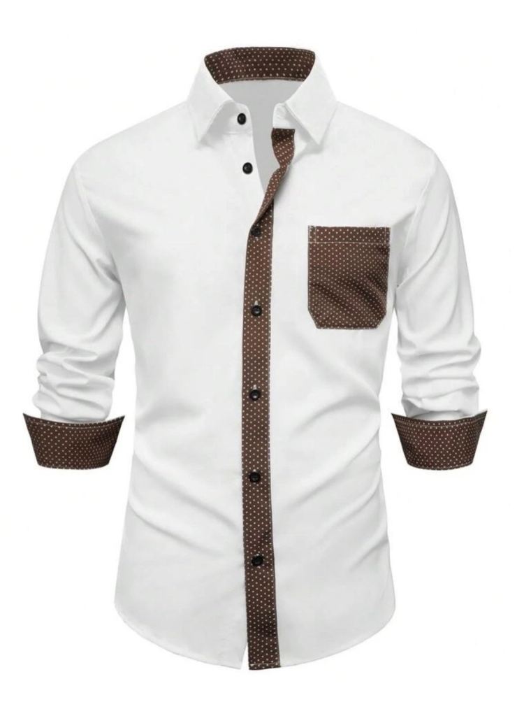 Men’s Long Sleeve White Formal/Casual Shirt with brown patterned trim on collar, cuffs, pocket - M