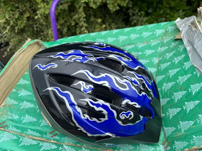 Kids Bike Helmet - Black with Blue Flames, Good Condition