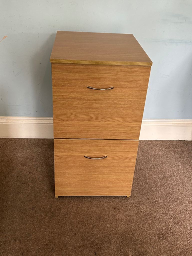 Beech Effect 2 Drawer Filing Cabinet curved handles H30in/75cm W16in/41cm D19in/48cm  D060