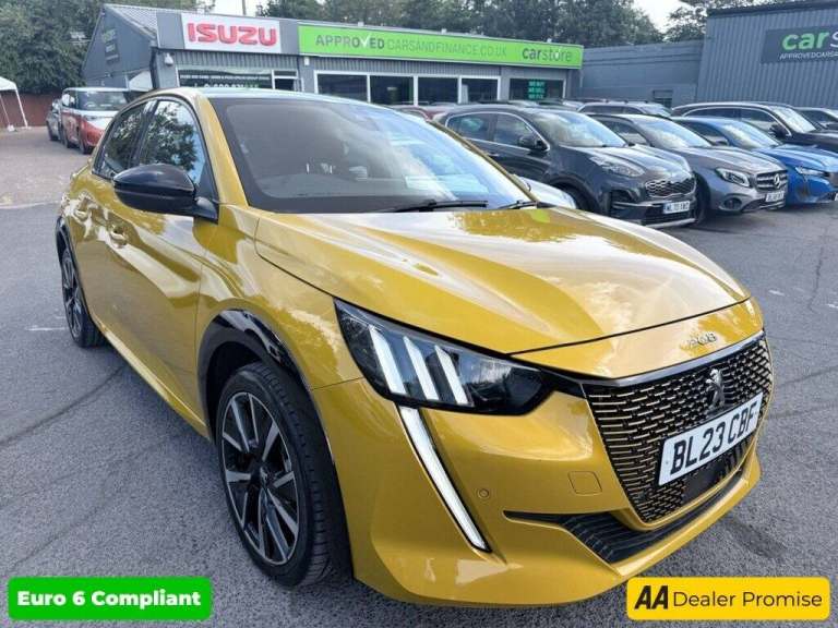 2023 Peugeot E-208 Yellow 50kWh GT EV, 10,250 miles, Automatic, Half leather, Rear camera, Sat Ha...