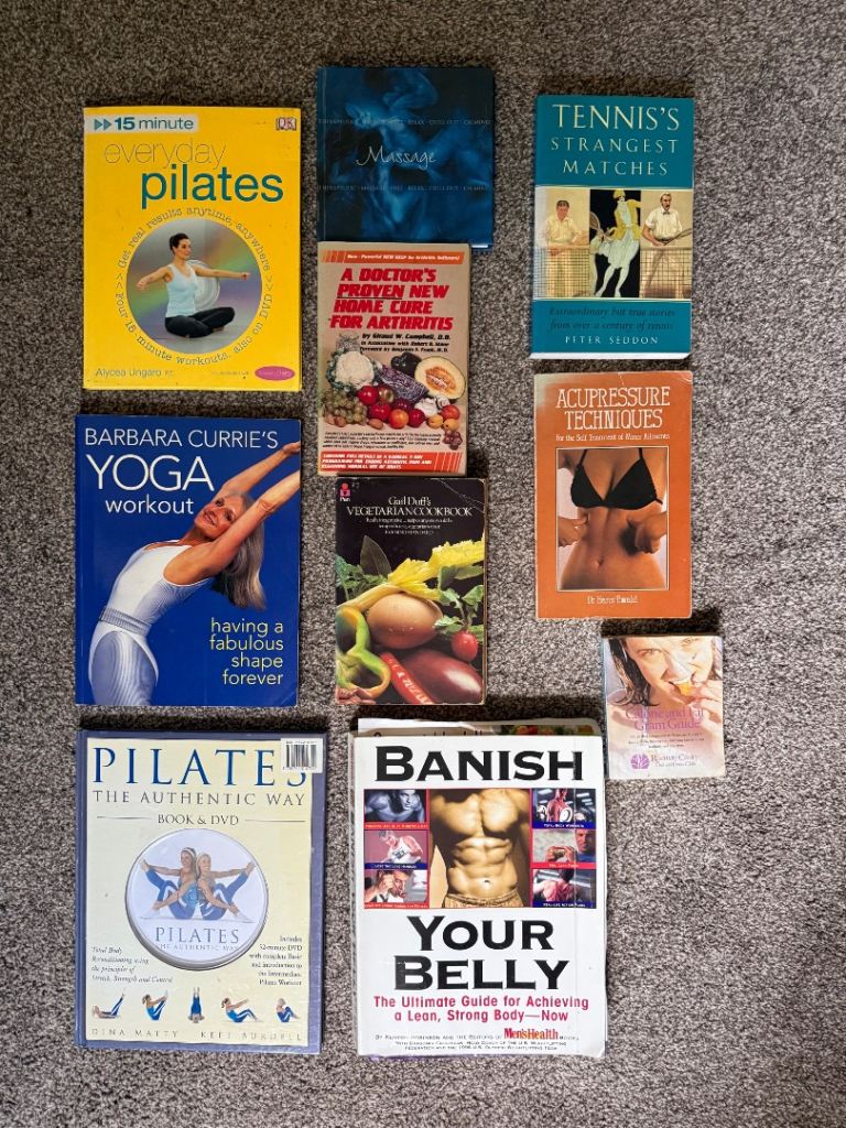 Bundle of 9 Health, Fitness & Sports Books/DVDs – Good Condition
