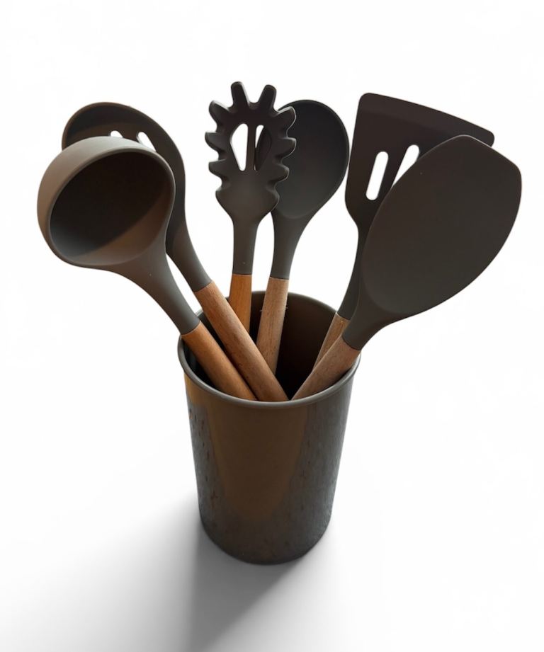 New Silicone Kitchen Utensil Set with Wooden Handles