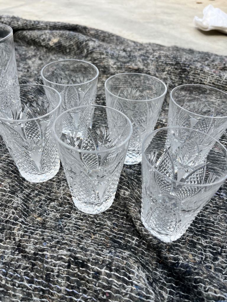 Set of 7 Vintage Cut Glass Tumblers – Good Condition