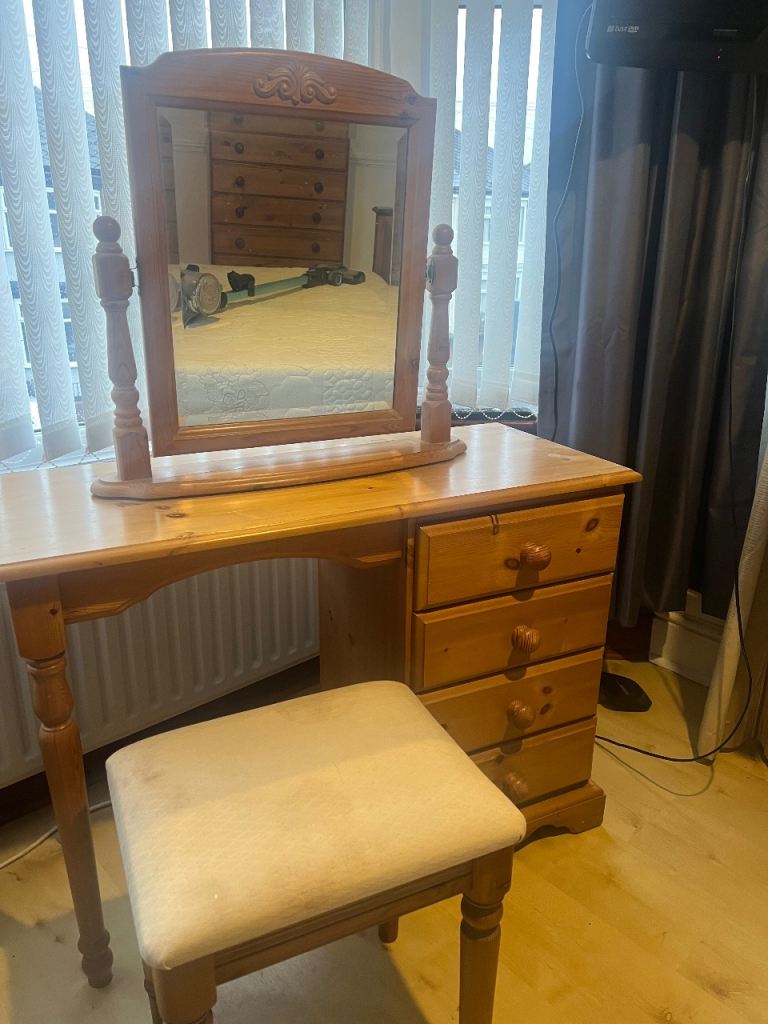 Solid Pine Dressing Table + Mirror + Free Stool