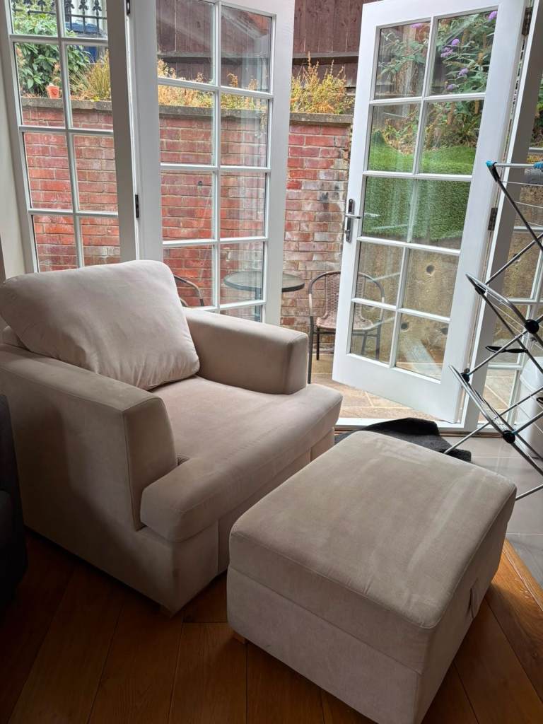 Comfy Beige Armchair and Storage Footstool – Good Condition