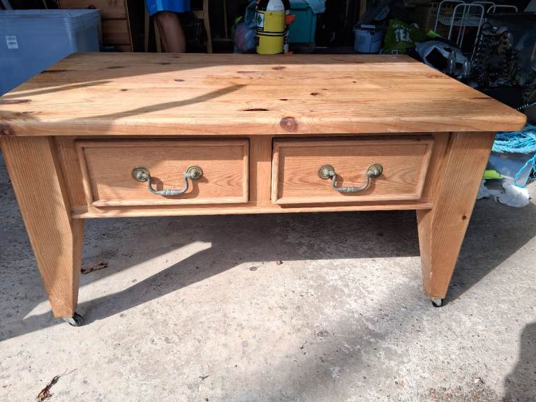Solid Pine Coffee Table with Two Drawers on Castors