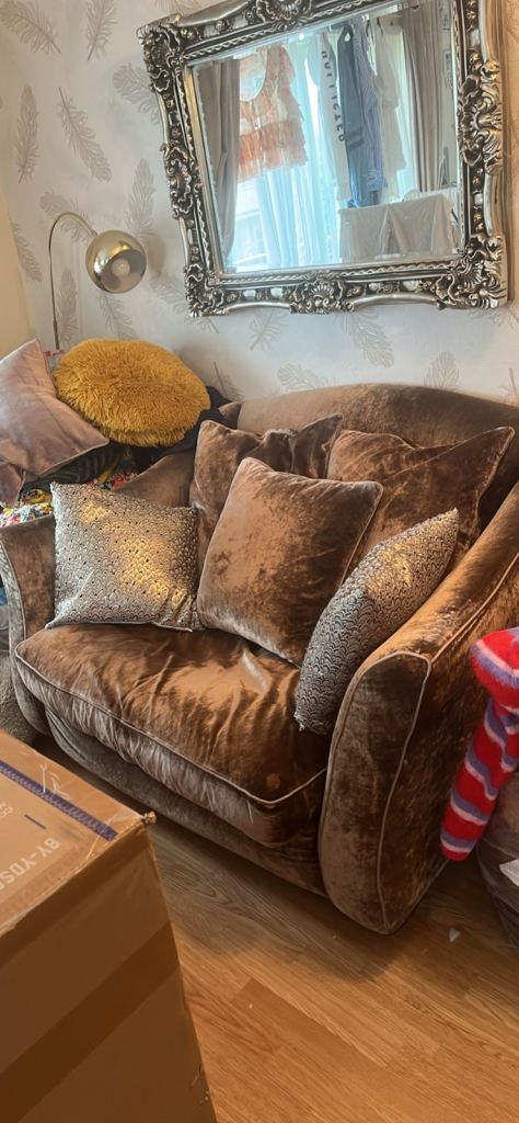 Comfy Brown Velvet Sofa with Cushions – Good Condition