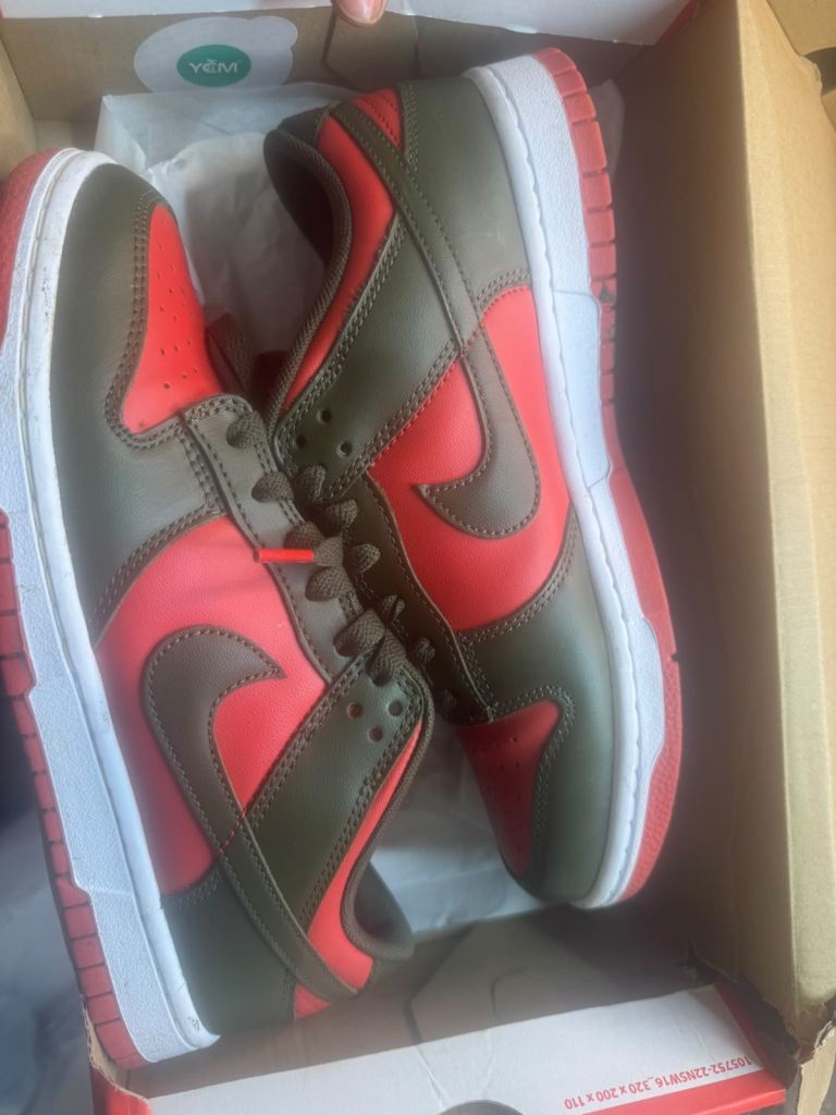 Nike Dunk Low Trainers – Red and Olive Green, Brand New