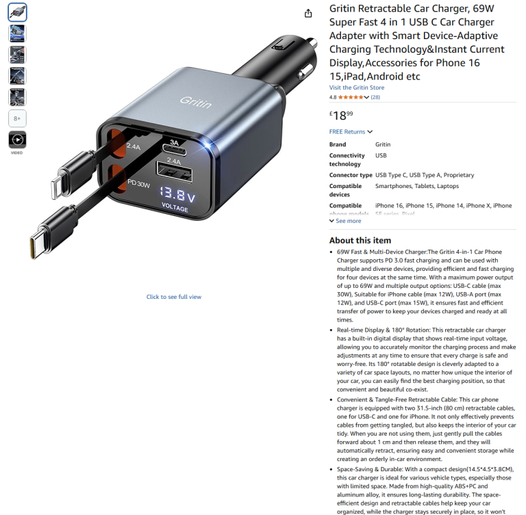 69W Super Fast 4 in 1 USB C Car Charger Adapter with Smart Device|| Brand new 50% off price 