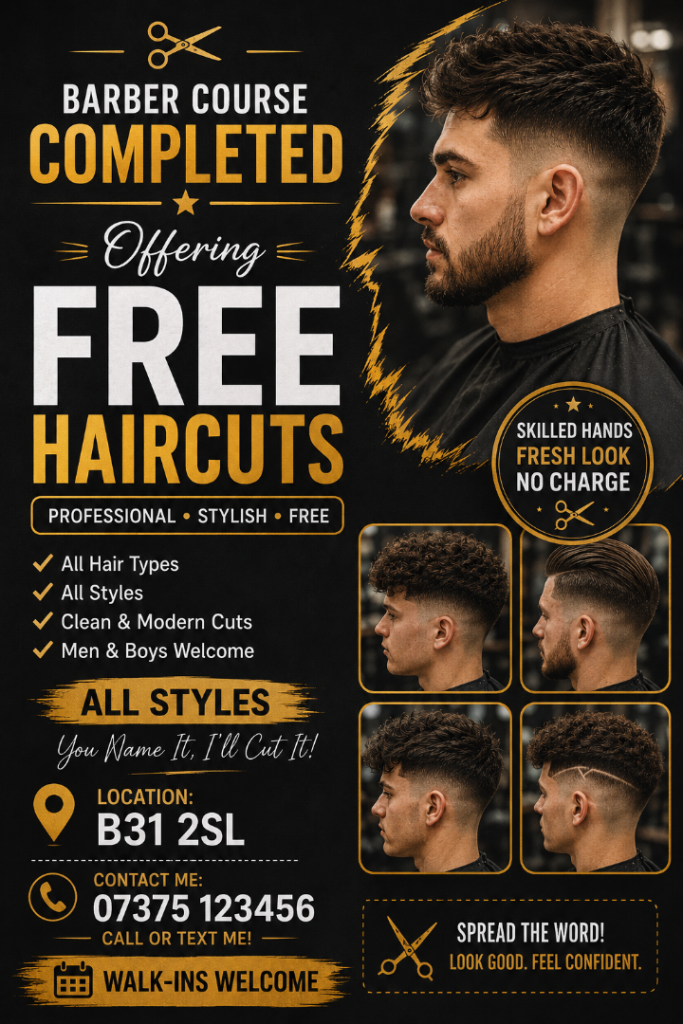 Free Haircuts Offered - All Styles, Men & Boys Welcome