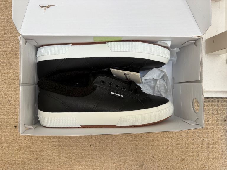 Superga 2750 Vegan Black Trainers with Faux Fur Lining - New, UK 7