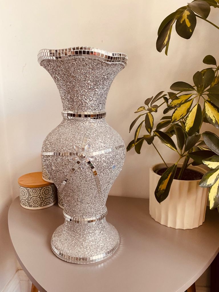 Sparkly Silver Mosaic Vase – Excellent Condition