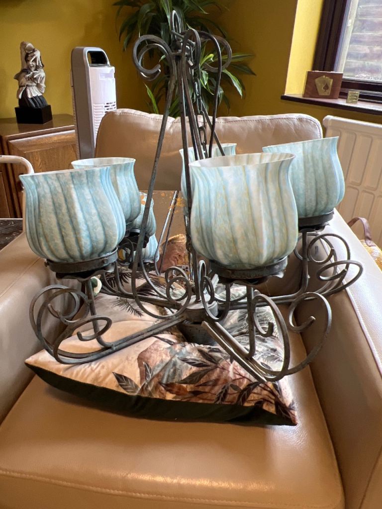 Vintage 5-Arm Wrought Iron Chandelier with Seafoam Green Tulip Glass Shades