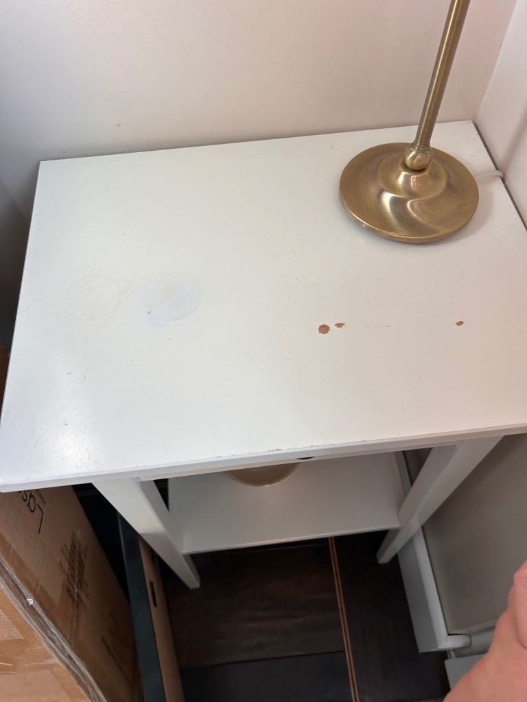 White Wooden Bedside Table with Drawer and Shelf