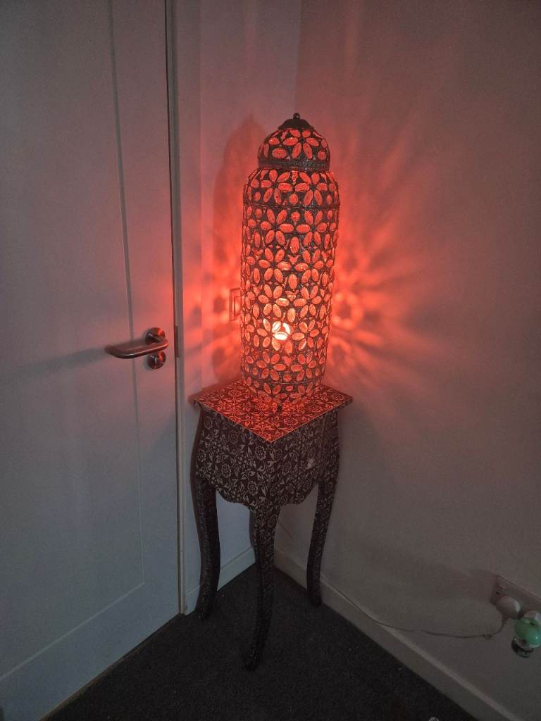 Moroccan style lamp and lamp table with drawer.