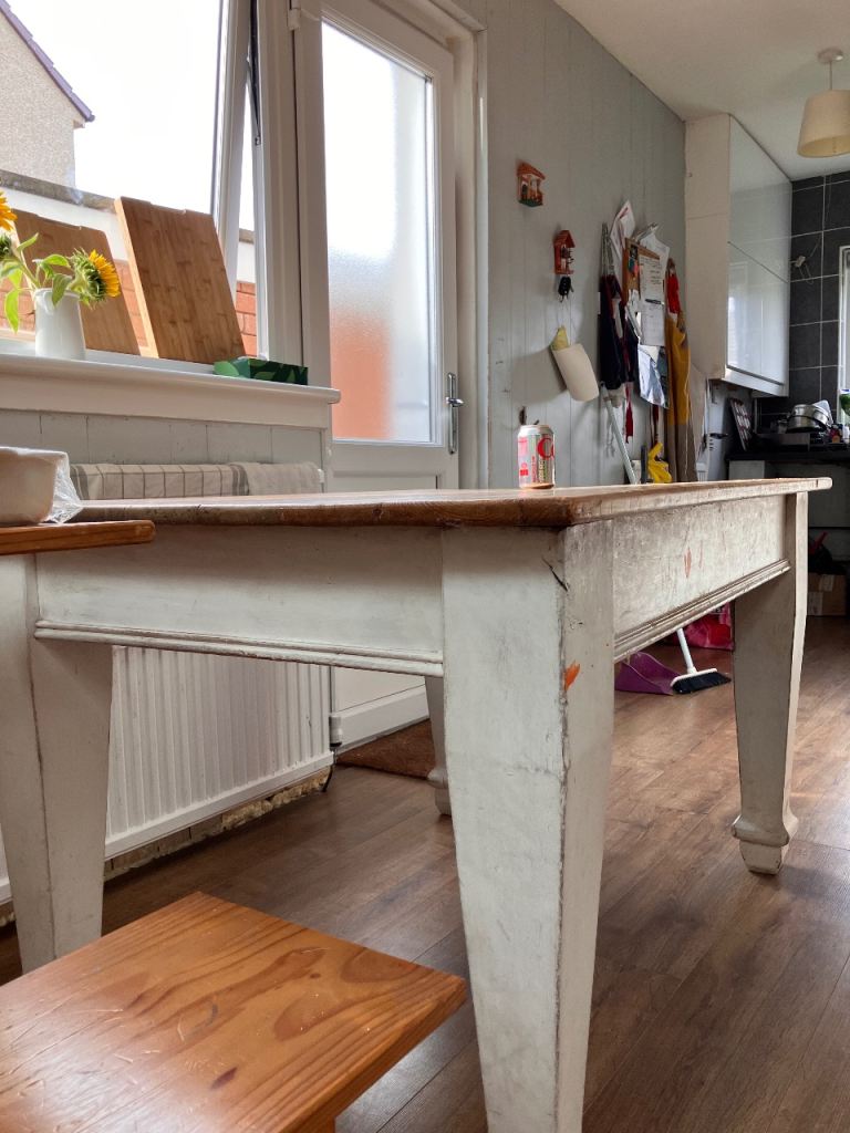 Rustic White Farmhouse Dining Table – Solid Wood Top
