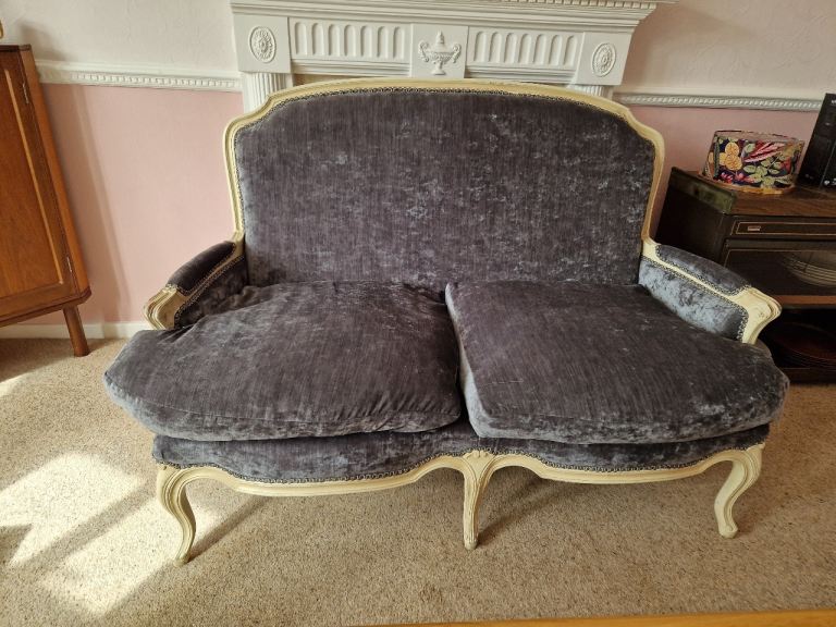 Grey Velvet Loveseat & 2 Chairs - French Style Seating Set