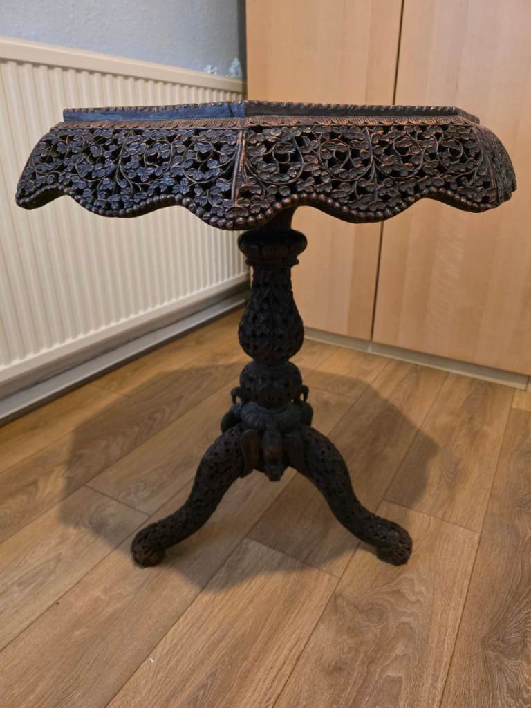 Vintage Burmese Hand-Carved Octagonal Folding Table with Peacock Base