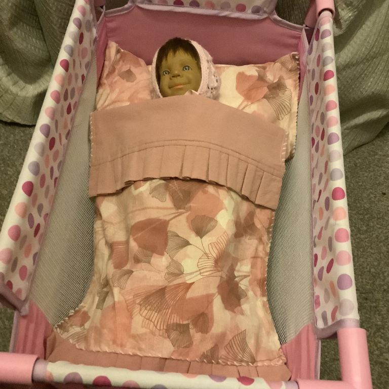Doll Travel Cot With Dressed Baby Doll And Handmade Bedding