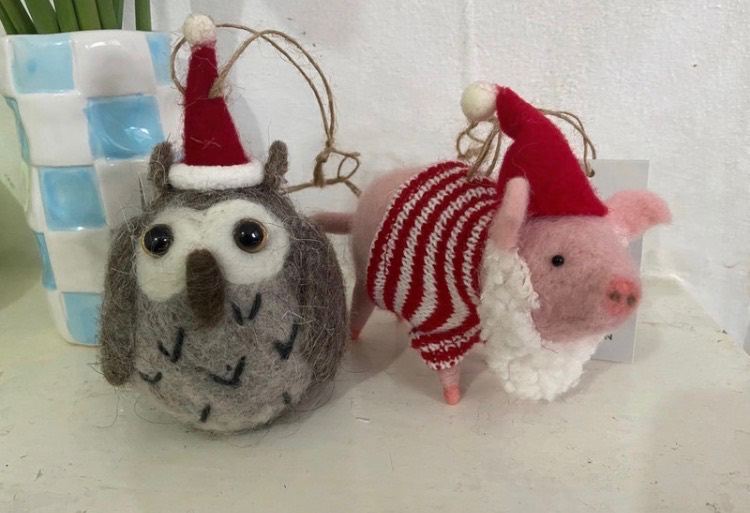 Sass & Belle Christmas Decorations – Felt Owl and Pig, New with Tags