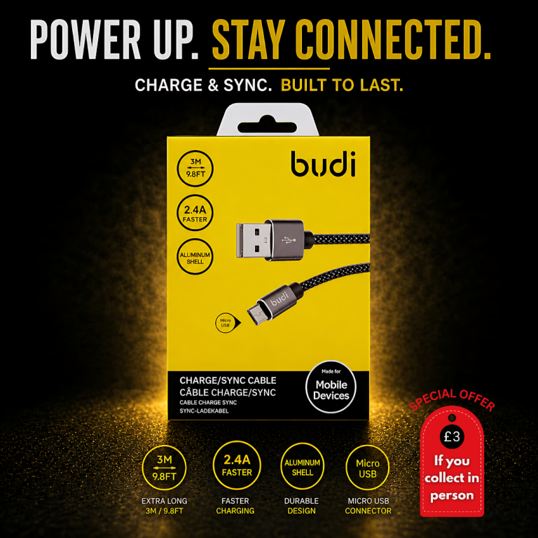 Budi Micro USB Cable 3M Extra Long 2.4A Fast Charge & Sync Lead for Android