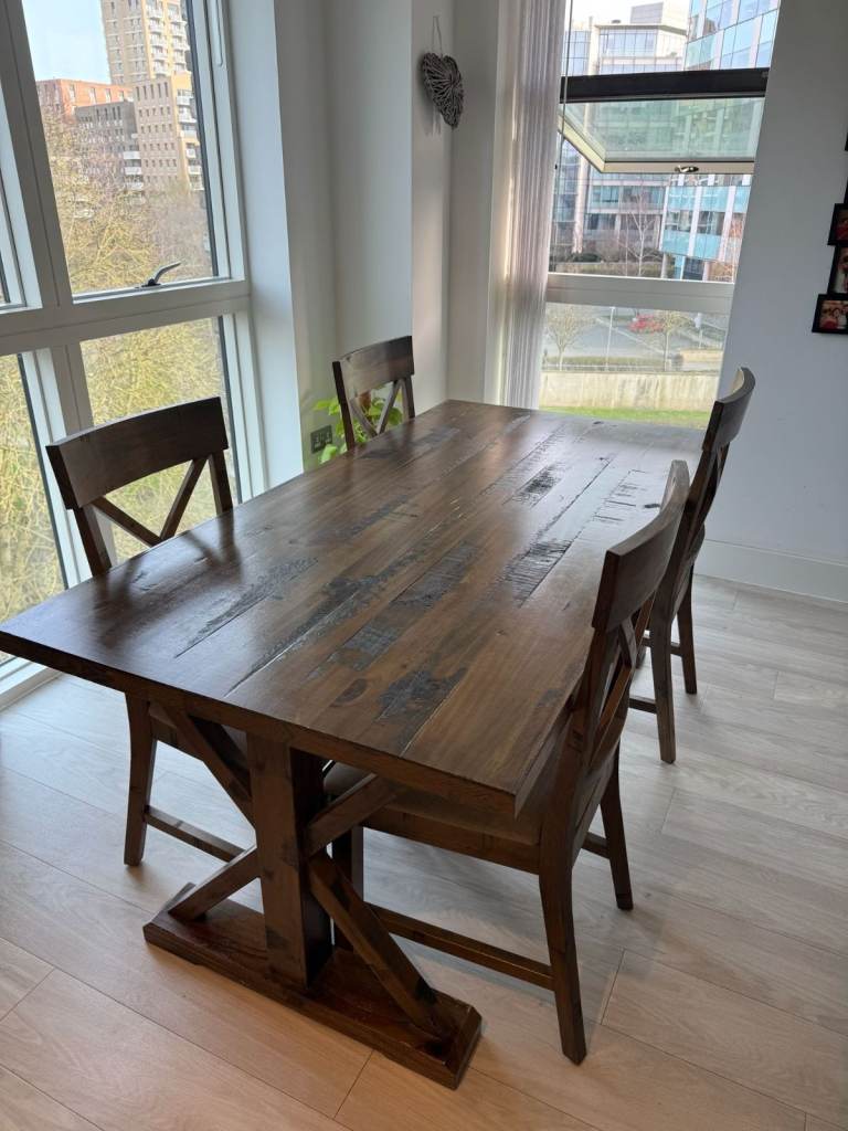 Rustic Solid Wood Trestle Dining Table + 4 Chairs | 180cm | NW London