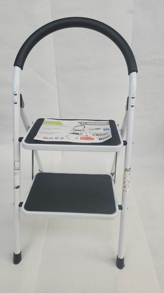 White Metal 2-Step Stool Ladder with Handrail