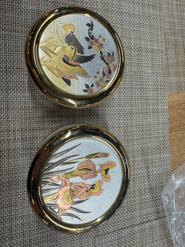 Pair of Decorative Metal Trinket Boxes with Bird and Floral Designs