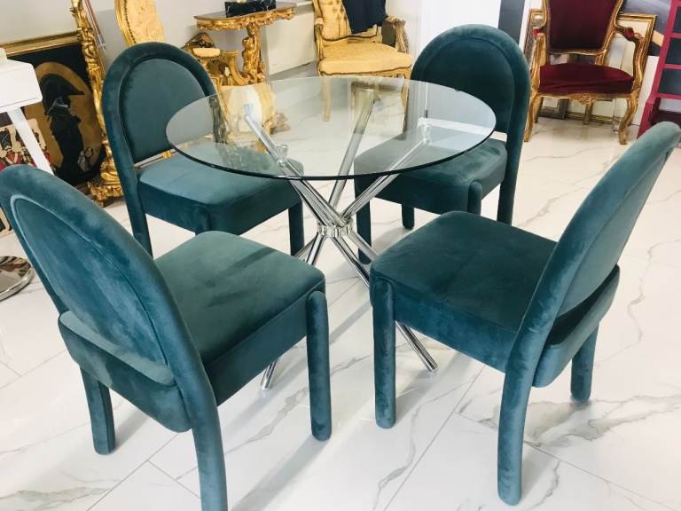 CHROME GLASS DINING TABLE & 4 GREEN VELVET CHAIRS