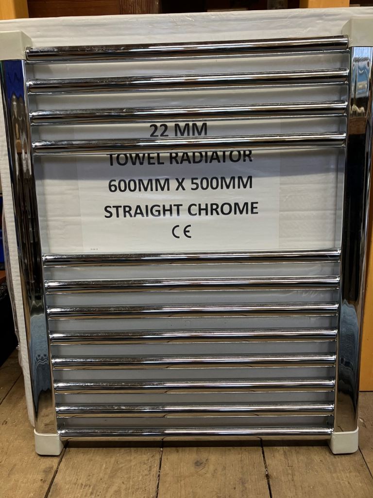 image for Two Chrome Straight Heated Towel Rails plus valves and fittings