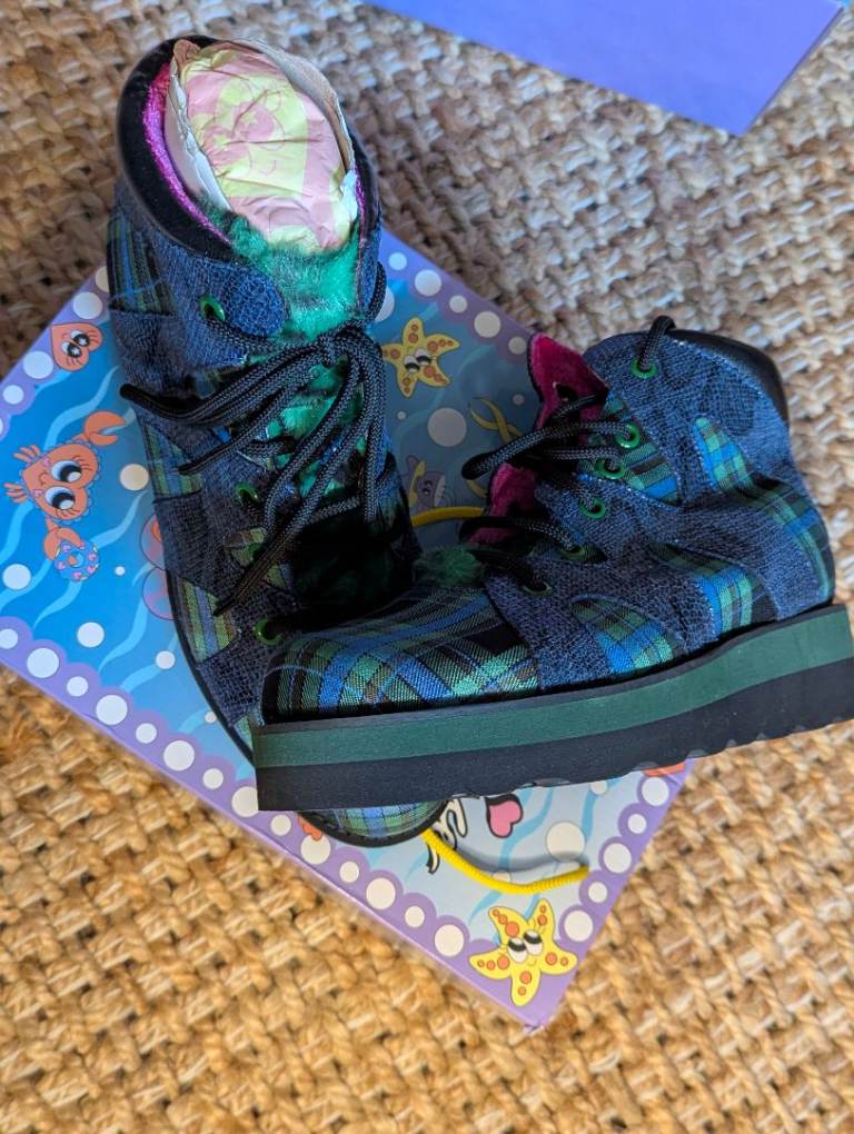 Irregular Choice Tartan "Go Outdoors" Boots, Brand New with Box UK 8/EU 43/US 11