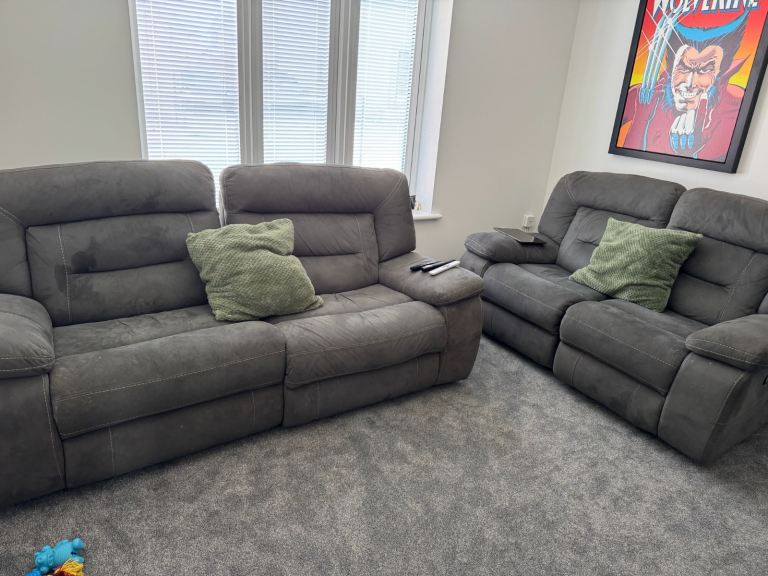 Grey Recliner Fabric Sofas – Two & Three Seater, Good Condition