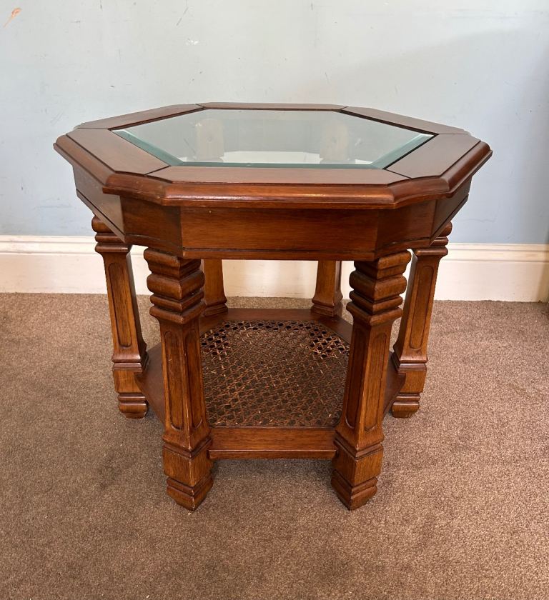 Vintage Hexagon Wooden Coffee Table Rattan Shelf Bevelled GlassH21.5in/55cmW25in/64cmD23in/59cmJ251