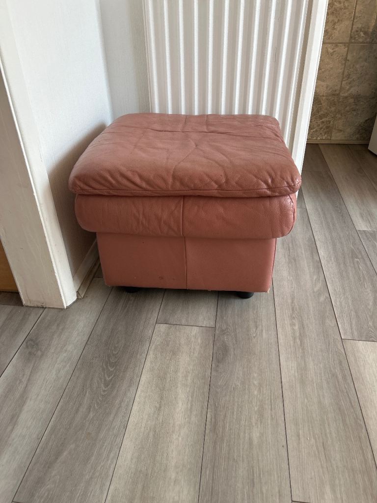 Pink Leather Footstool / Ottoman – Good Condition