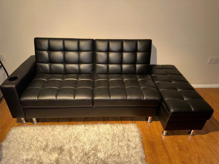 SOFA-BED, BLACK LEATHER, GOOD AS NEW