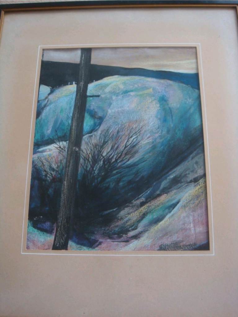 Original Painting by Eric Auld | Oil Pastel | 'Tree, Bush And Dark Hill' | Aberdeen, 1970's