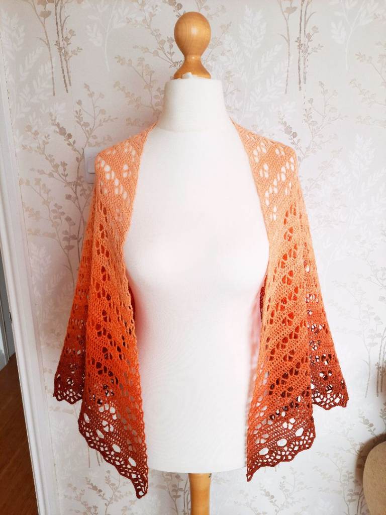 Gradient Knitted Shawl. Lace Shoulder Wrap. Crochet Shrug / Cover Up. Boho Ombre, Warm Autumn Hues