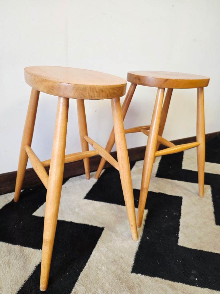 Pair of Solid Wood Bar Stools | Mid Century Modern Scandinavian Kitchen Counter Stools