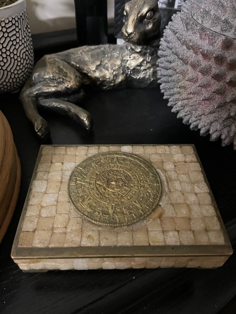 Decorative Aztec vintage cigar Box - Brass and Mother of Pearl