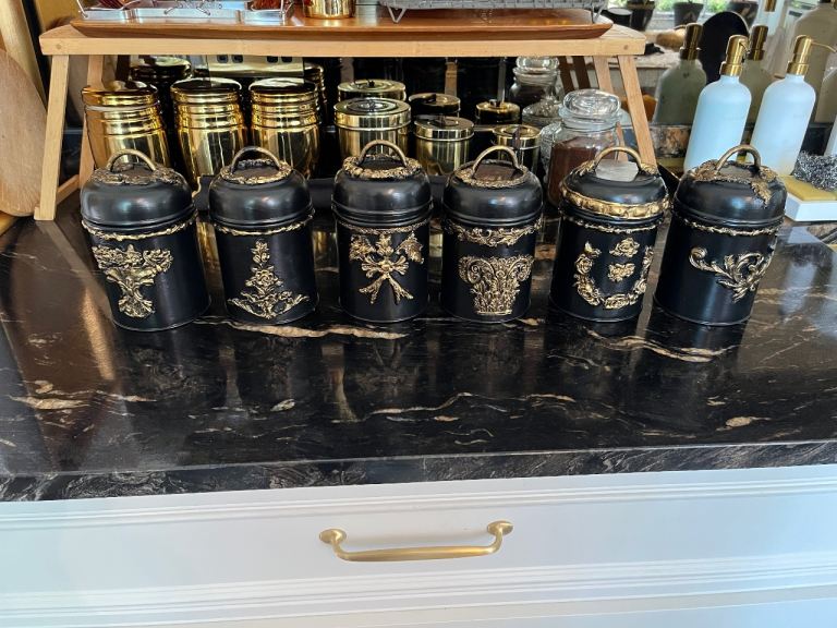 Black Metal Storage Canister with Gold Detail - Good Condition