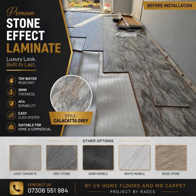 Premium Stone Effect Laminate Flooring - Calacatta Grey, 10mm Thick