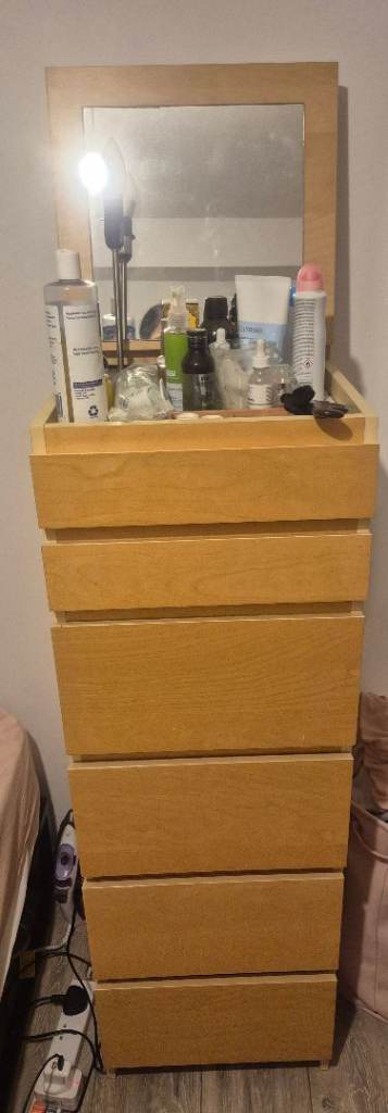 Tall Wooden Chest of Drawers with Mirror – Good Condition