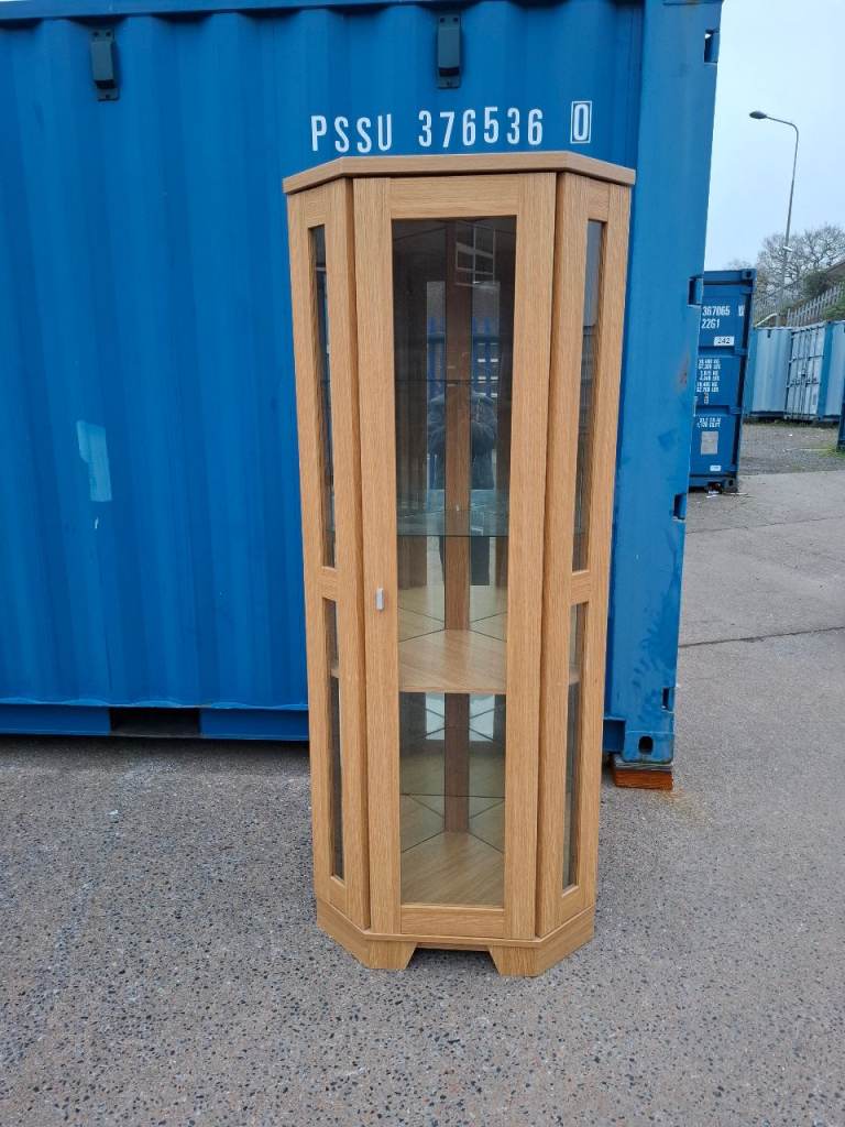 Corner oak finish display cabinet