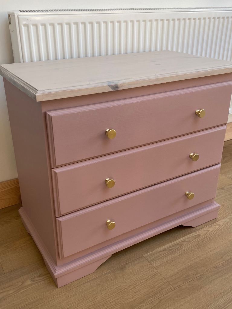 Newly Painted Pine Chest of 3 Drawers - Pink with Gold Handles/Knobs