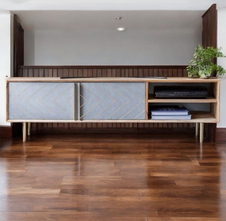 (RRP: £449) Mango Wood Media Unit Cement & Brass Inlay TV Stand